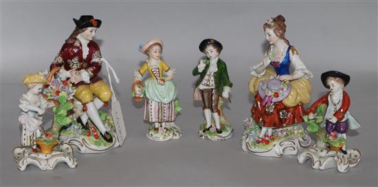 A pair of Sitzendorf figures, 5.5in. and two other pairs of figures